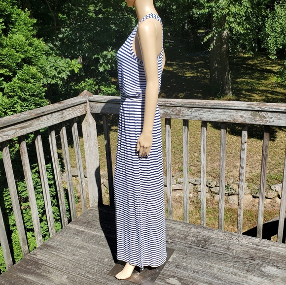 J. Crew Blue & White Stripe Racer T-back Scoop Round Neck Maxi Dress Size M - Picture 9 of 11